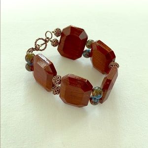 Wooden Bracelet with Blue and Silver Beads & Clasp